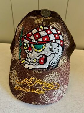 VTG Y2K Don Ed Hardy Trucker Hat Cap SnapBack Brown Skull Rhinestone Glitter
